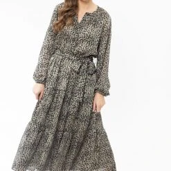Billie The Label Admiration Khaki Leopard LS Tie Waist Midi Dress Fashion