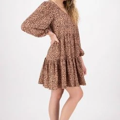 Ivy + Jack Elsa Peach Leopard Satin V Neck Mid Sleeve Smock Dress Fashion