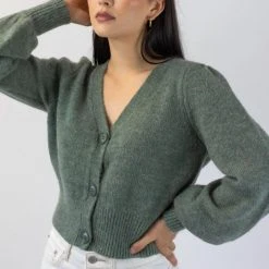 Among The Brave Spirited Soft Khaki Mohair Blend Balloon Sleeve Cropped Cardigan Fashion