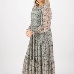 Ivy + Jack Effortless Emerald Leaf Blouson LS Maxi Tiered Dress Fashion