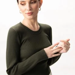 Among The Brave Inspired Dark Khaki LS Rib Knit Crew Neck Top Fashion