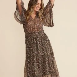 Mink Pink Amaya Brown Multi Mid Sleeve Midi Dress Fashion