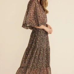 Mink Pink Amaya Brown Multi Mid Sleeve Midi Dress Fashion