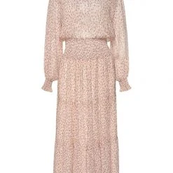 Ivy + Jack Fashion Charlie Natural Floral Crinkle LS Frill V Neck Tiered Midi Dress