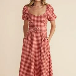 Mink Pink Cora Red Check Puff Sleeve Midi Dress
