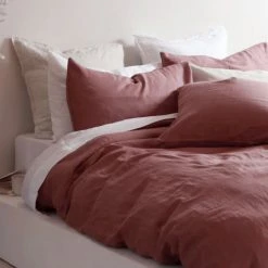 Home Lab 100% French Linen Duvet Cover Set Super King Chestnut Dusky Rose
