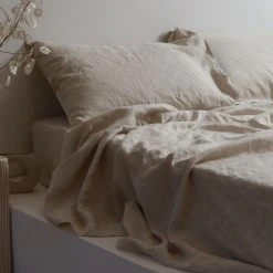 Home Lab 100% French Linen Sheet Set King Natural Oatmeal Cushion, Throws & Linen