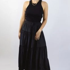 Among The Brave Fashion Sensational Black Tiered Satin Tie Waist Maxi Skirt