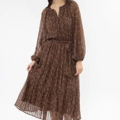 Billie The Label Vivacious Brown Floral Mid Sleeve V Neck Tiered Midi Dress