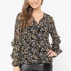 Seeking Lola Happily Ever After Black Sheer Floral Frill LS Top