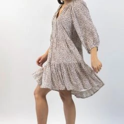 Among The Brave Gemini Chocolate Ditsy Animal Puff Mid Sleeve Button Front Tiered Mini Dress Fashion