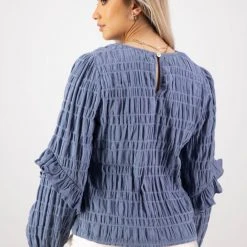 Among The Brave Izzy Ocean LS Ruffle Sleeve Cotton Textured Top Fashion