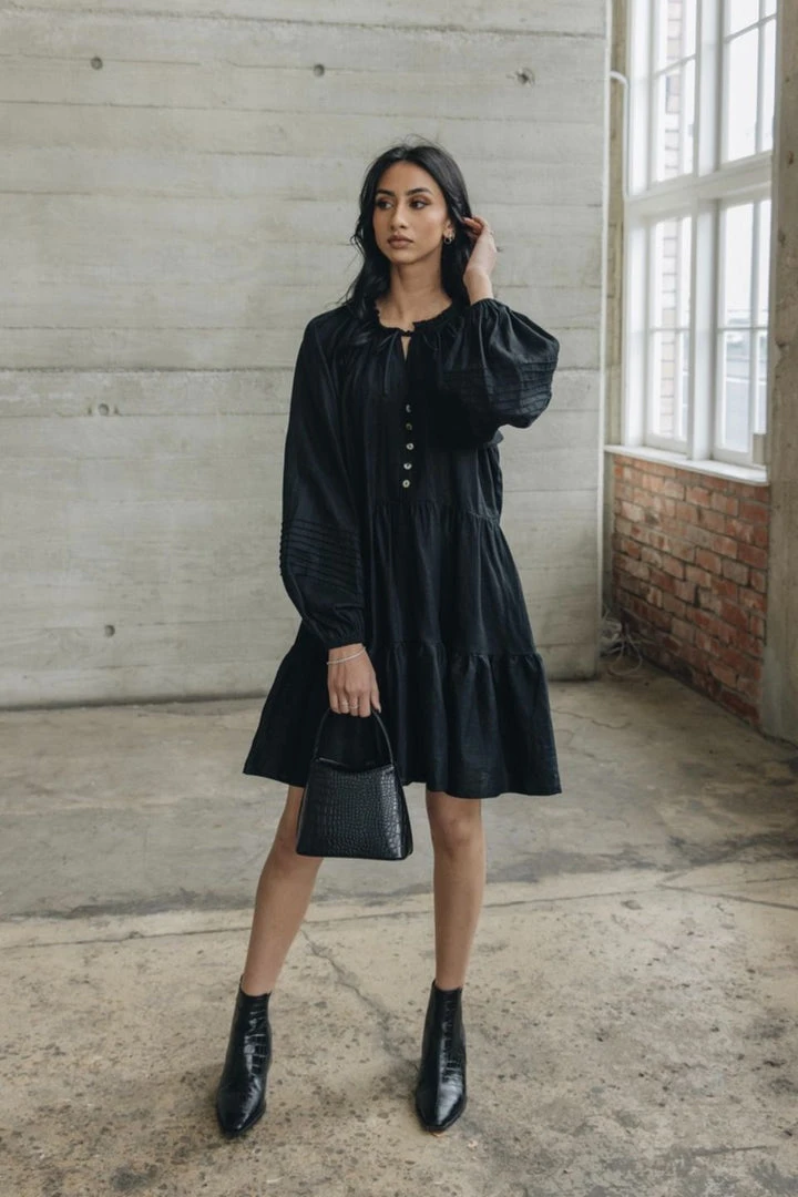 Among The Brave Fashion Zodiac Black Linen LS Pin Tuck Balloon Sleeve Tiered Mini Dress 4 Among The Brave Fashion Zodiac Black Linen LS Pin Tuck Balloon Sleeve Tiered Mini Dress