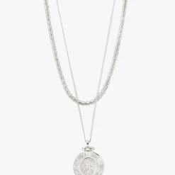 Pilgrim Nomad Double Chain Coin Pendant Necklace Silver