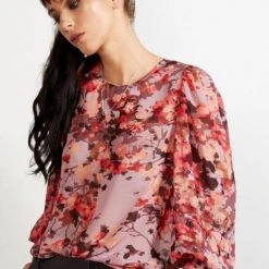 Drama The Label Asher Red Garnet Floral LS Blouse Fashion