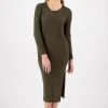 Ivy + Jack Fashion Dynamic Khaki Marle LS Rib Knit Crew Neck Midi Dress 1 Ivy + Jack Fashion Dynamic Khaki Marle LS Rib Knit Crew Neck Midi Dress