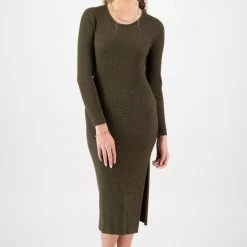 Ivy + Jack Fashion Dynamic Khaki Marle LS Rib Knit Crew Neck Midi Dress