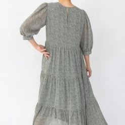 Among The Brave Lucid Khaki Ditsy Print Puff Sleeve Tiered Maxi Dress