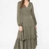 Seeking Lola Paradise Khaki Satin LS Wrap Dress