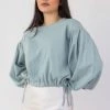 Among The Brave Fashion Billie Sea Foam Slouchy Crop Balloon Sleeve Tie Hem Knit