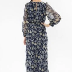 Leila + Luca Whimsical Navy Bloom Tie Waist LS Maxi Dress