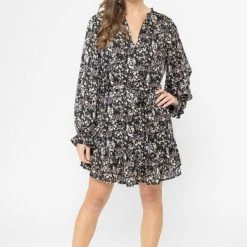 Seeking Lola Inspire Black Floral LS Frill Hem Shift Dress