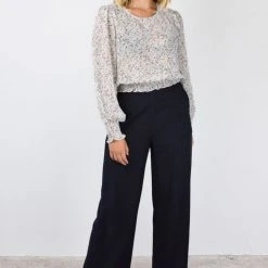 Among The Brave Fashion Pure Ivory Ditsy Botanic LS Georgette Puff Sleeve Shirred Hem Top