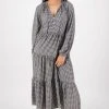 Among The Brave Aida Black Gingham LS Puff Sleeve Button Front Tiered Maxi Dress