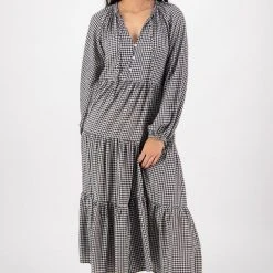 Among The Brave Aida Black Gingham LS Puff Sleeve Button Front Tiered Maxi Dress