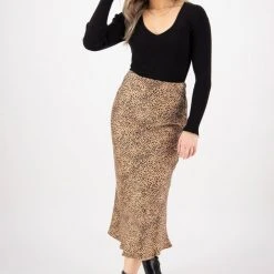 Ivy + Jack Ivy Tan Mini Leopard Satin Midi Bias Skirt Fashion