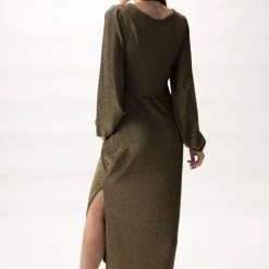 Among The Brave New Moon Gold Shimmer LS Puff Sleeve Ring Midi Dress Fashion