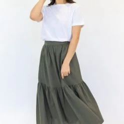 Ivy + Jack Hope Khaki Linen Tiered Midi Skirt