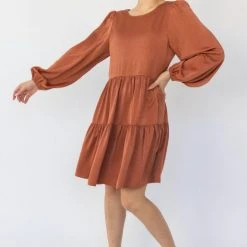 Among The Brave Fashion Deluxe Copper LS Balloon Sleeve Tie Back Tiered Mini Dress
