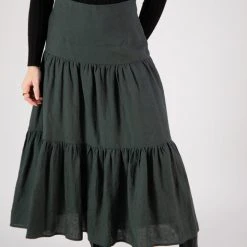 Among The Brave Blazing Dark Forest Tiered Linen Midi Skirt