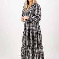 Ivy + Jack Fashion Kendall Black Check Blouson LS V Neck Tiered Midi Dress