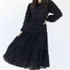 Ivy + Jack Fashion Gigi Black Shirred Cotton Blouson LS Tiered Maxi Dress