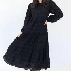 Ivy + Jack Fashion Gigi Black Shirred Cotton Blouson LS Tiered Maxi Dress