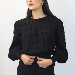 Ivy + Jack Grace Black Shirred Cotton LS Back Hem Tie Top Fashion