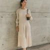 Ivy + Jack Effortless Ecru Shirred Blouson LS Maxi Tiered Dress