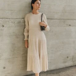 Ivy + Jack Effortless Ecru Shirred Blouson LS Maxi Tiered Dress