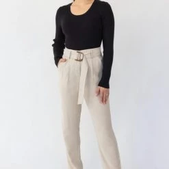 Among The Brave Fashion Pierre Sand Dune Soft Viscose Tapered Leg Belted Pant