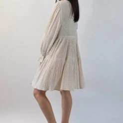 Ivy + Jack Billie Ecru Shirred LS Frill V Neck Tiered Mini Dress