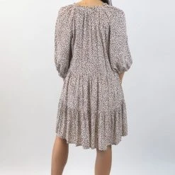 Among The Brave Gemini Chocolate Ditsy Animal Puff Mid Sleeve Button Front Tiered Mini Dress Fashion