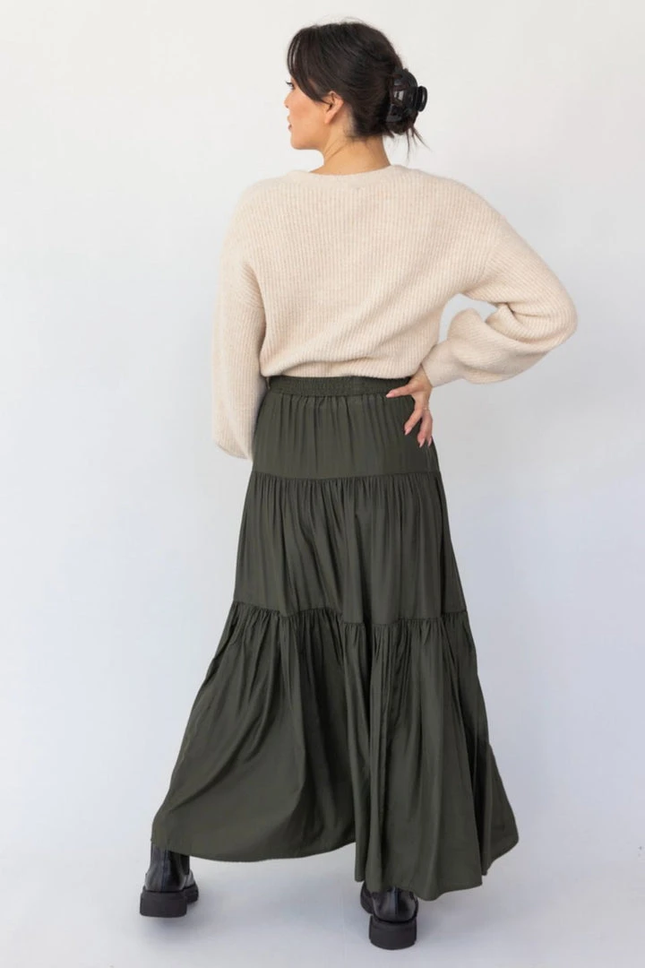 Among The Brave Sensational Dark Khaki Tiered Satin Tie Waist Maxi Skirt 6 Among The Brave Sensational Dark Khaki Tiered Satin Tie Waist Maxi Skirt