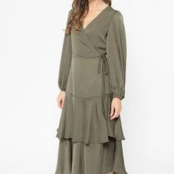 Seeking Lola Paradise Khaki Satin LS Wrap Dress