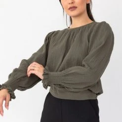 Ivy + Jack Grace Khaki Cotton LS Top Fashion