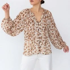 Among The Brave Breath Of Fresh Air Natural Animal LS Puff Sleeve Button Front Top