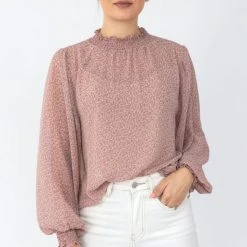 Among The Brave Embrace Rose Ditsy Leaf LS High Neck Shirred Top Fashion