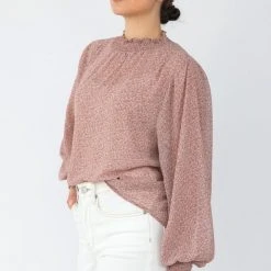 Among The Brave Embrace Rose Ditsy Leaf LS High Neck Shirred Top Fashion