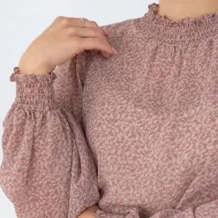 Among The Brave Embrace Rose Ditsy Leaf LS High Neck Shirred Top Fashion